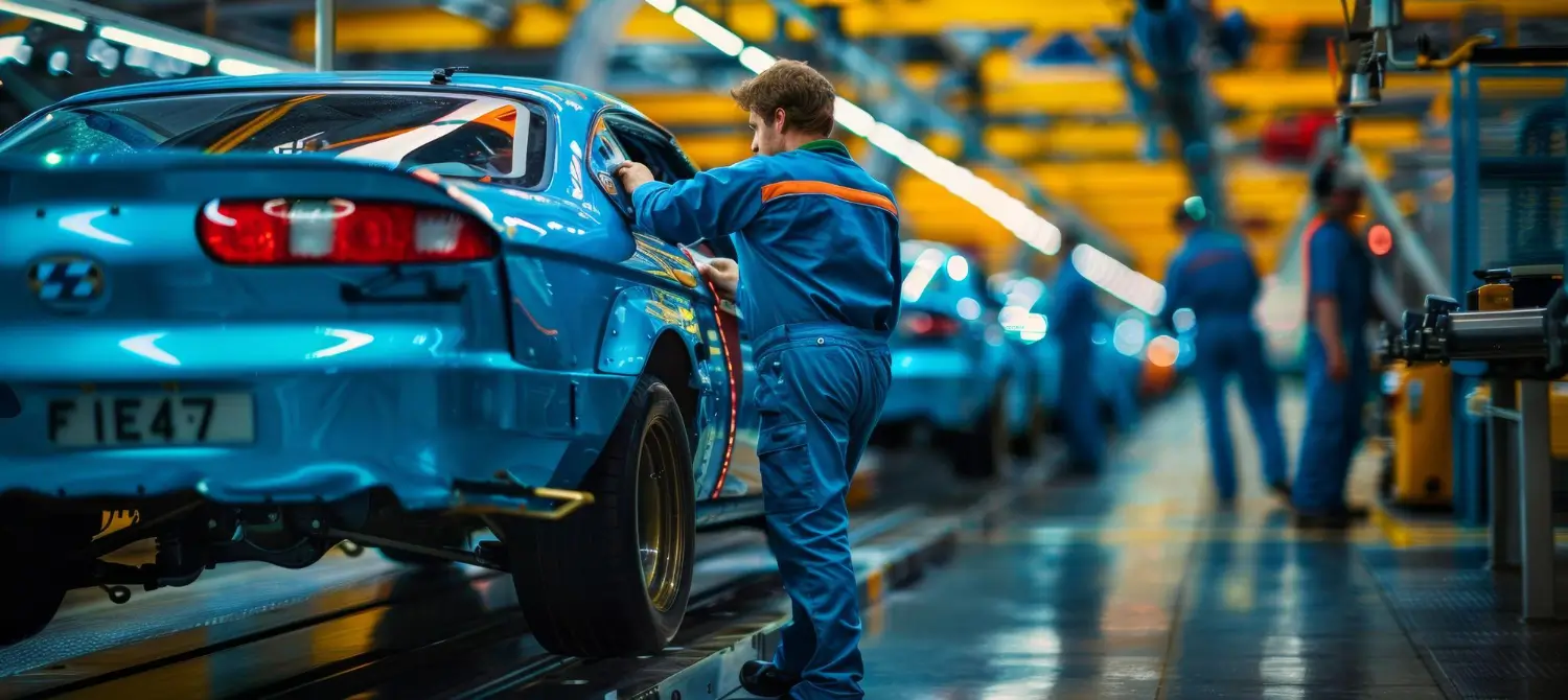 Operador de uniforme azul em uma linha de montagem de automóveis