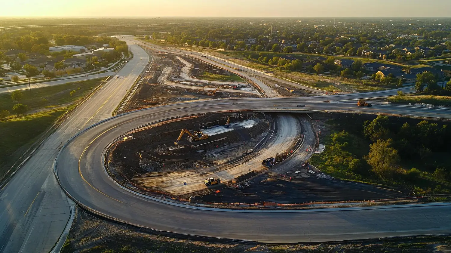 Vista aérea de uma obra rodoviária com viaduto e alça de acesso em construção