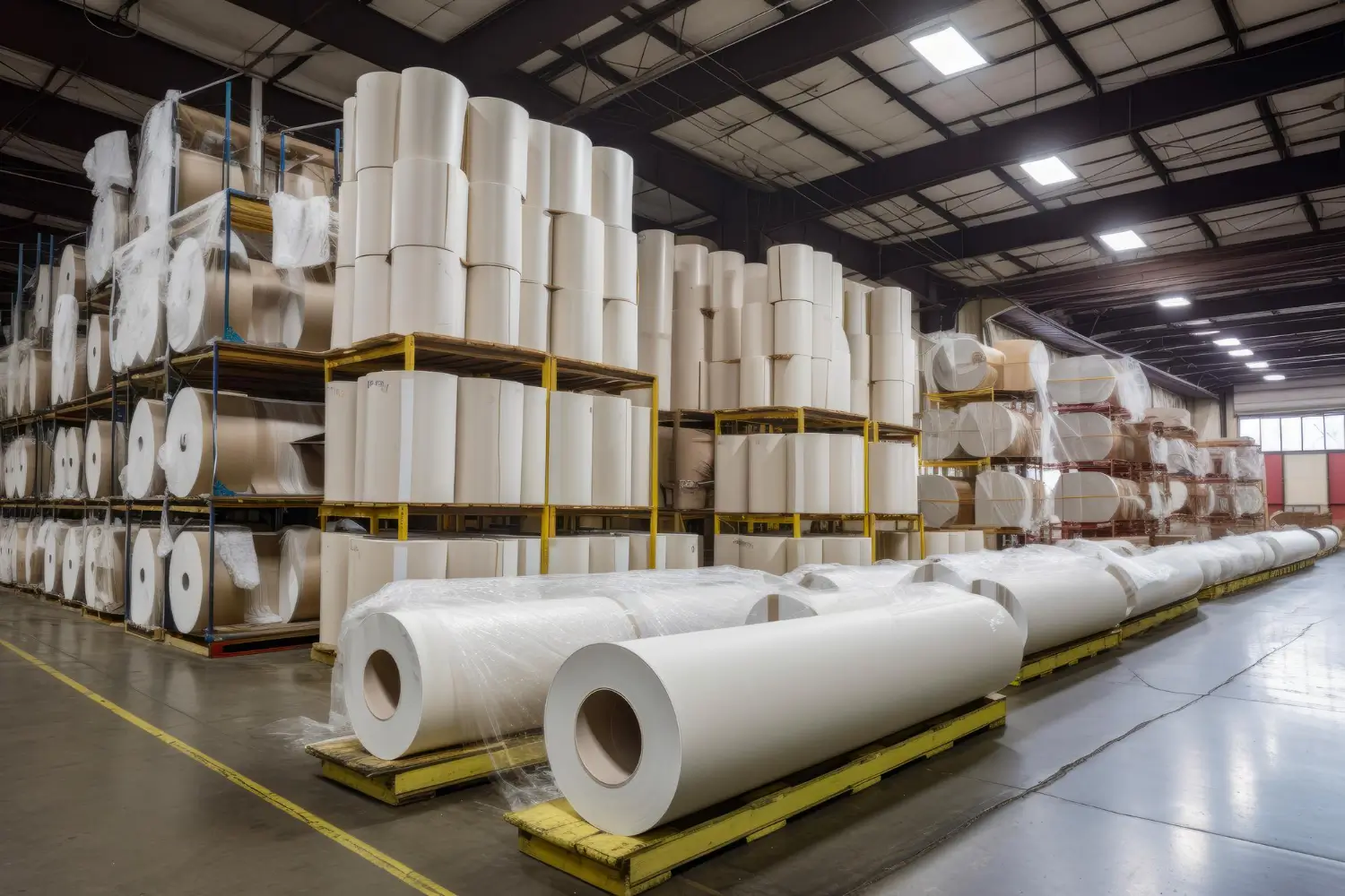 Bobinas de papel sobre pallets em um armazém
