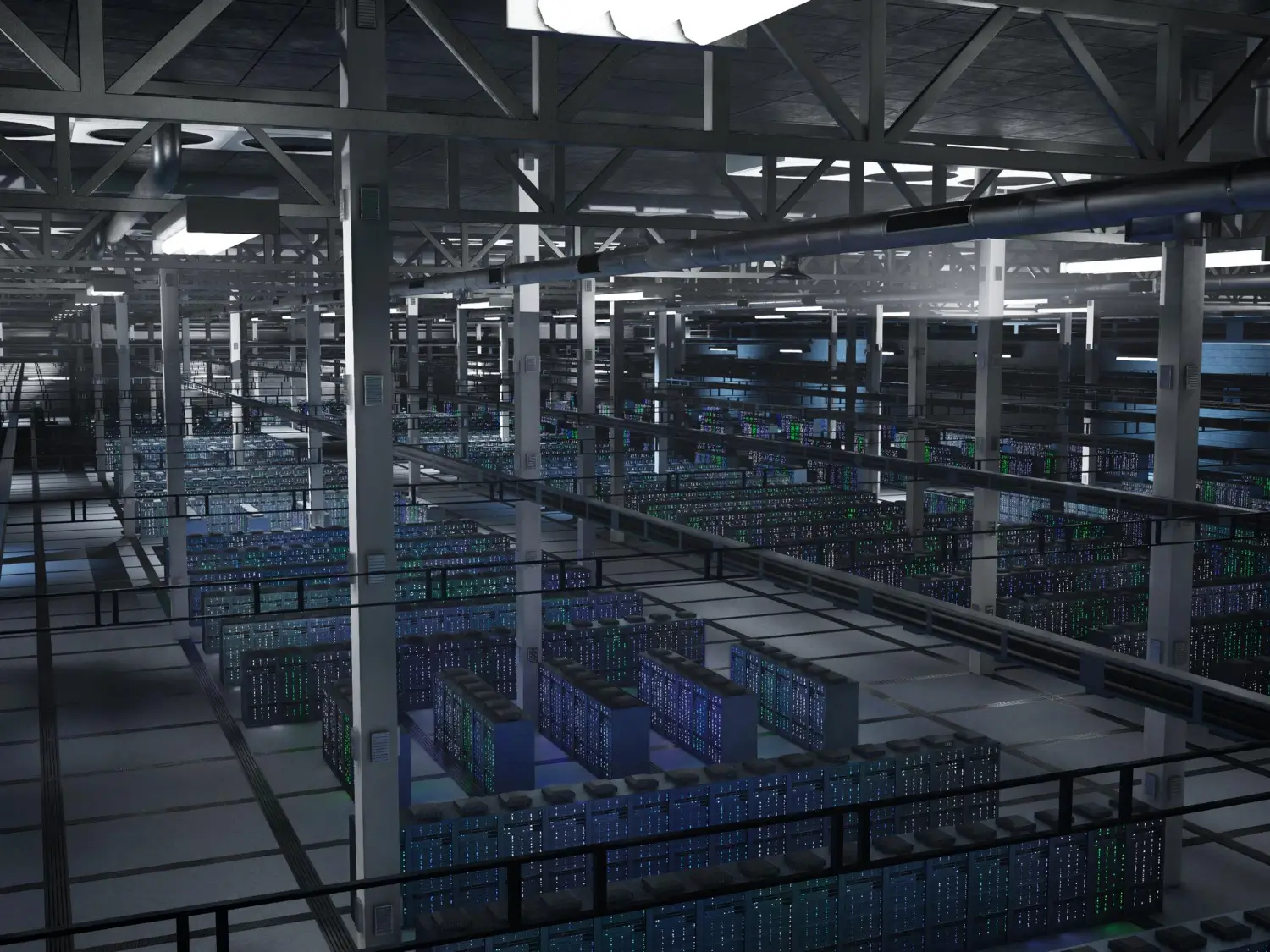 Fileiras de racks de equipamentos em um galpão de data center